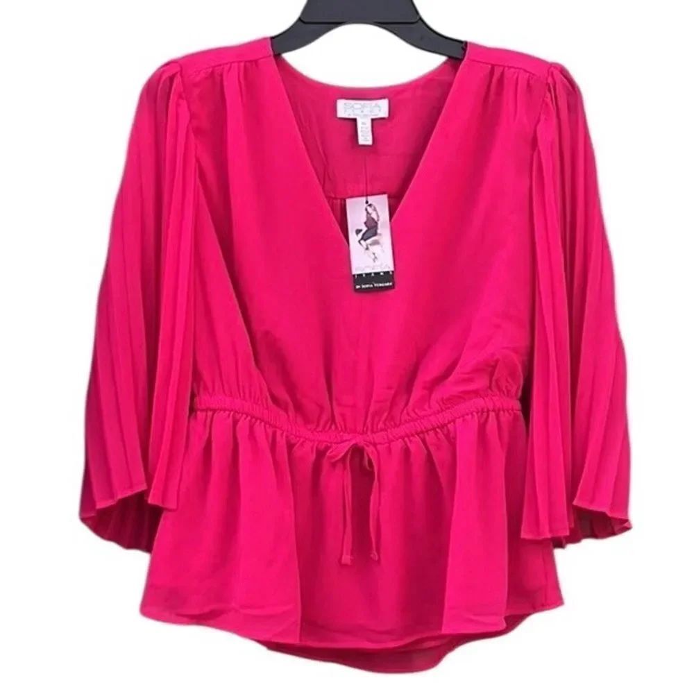 Sofia Jeans V-Neck Sheer Top with Pleated Sleeves Size M